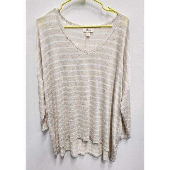 Style & Co Antique Cream Striped V-Neck Oversized Top Drapey Tee Large - Picture 1 of 10